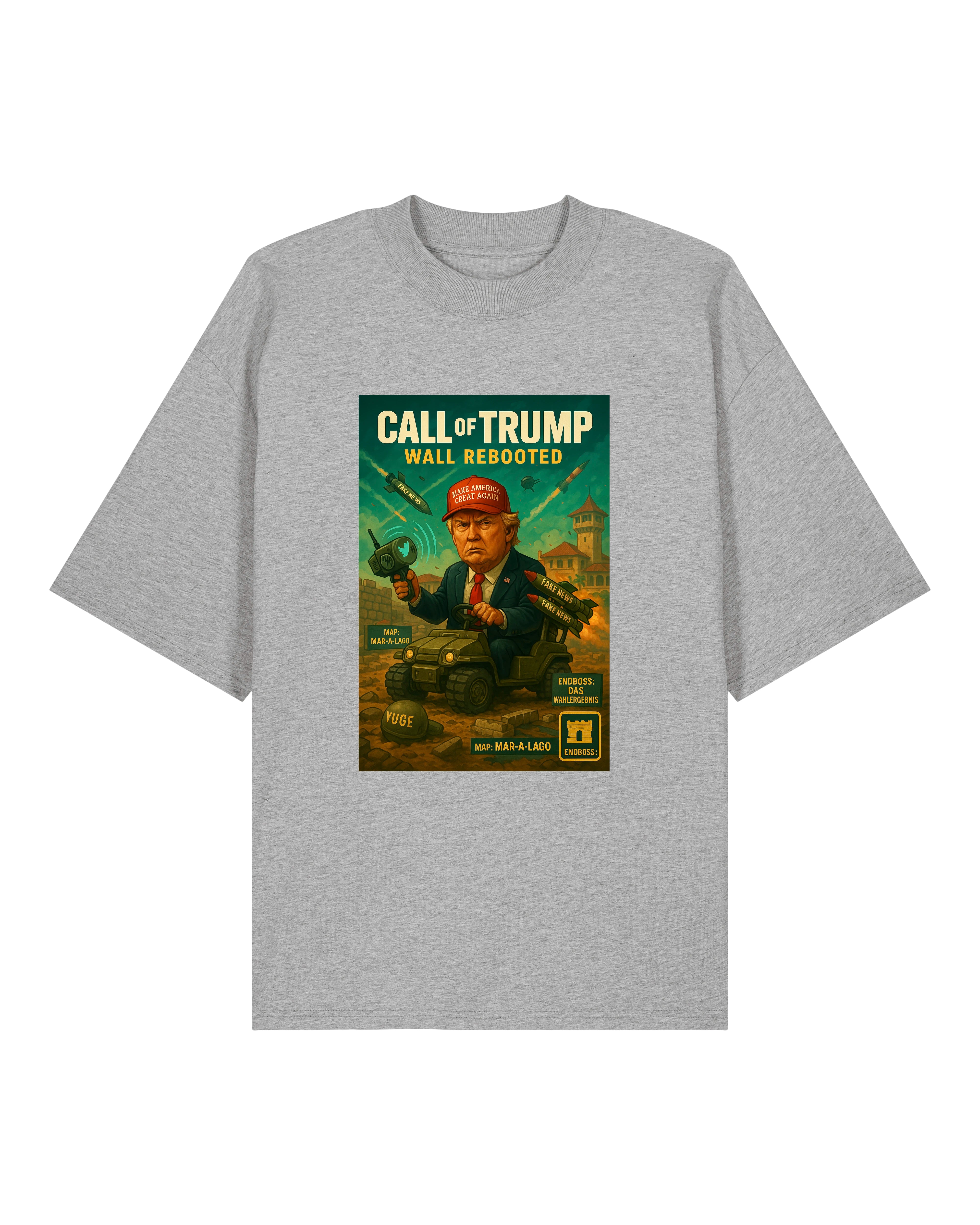 Graues T-Shirt mit Donald Trump Parodie "Call of Trump – Wall Rebooted" Motiv