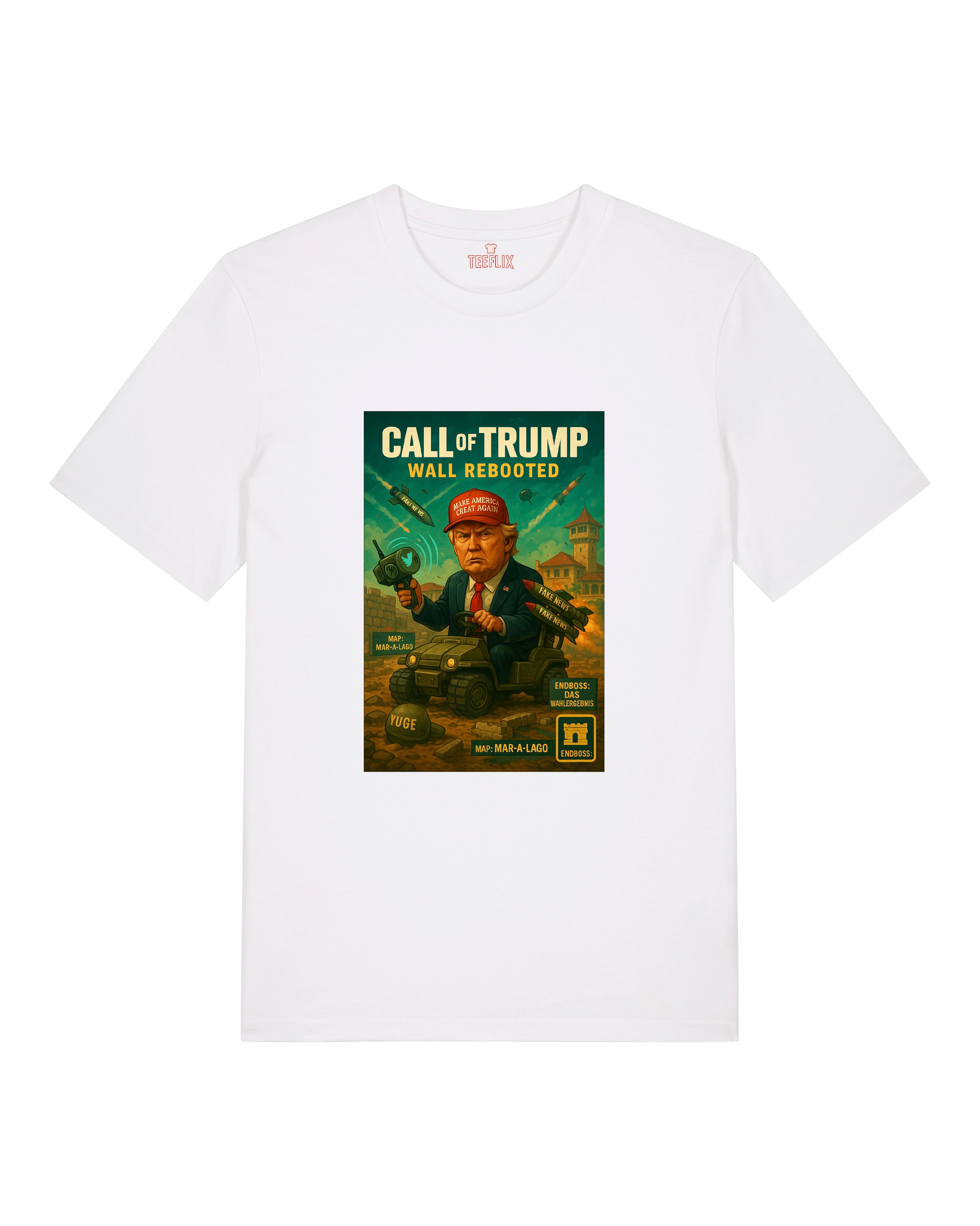 Weißes T-Shirt mit Donald Trump Parodie "Call of Trump – Wall Rebooted" Motiv