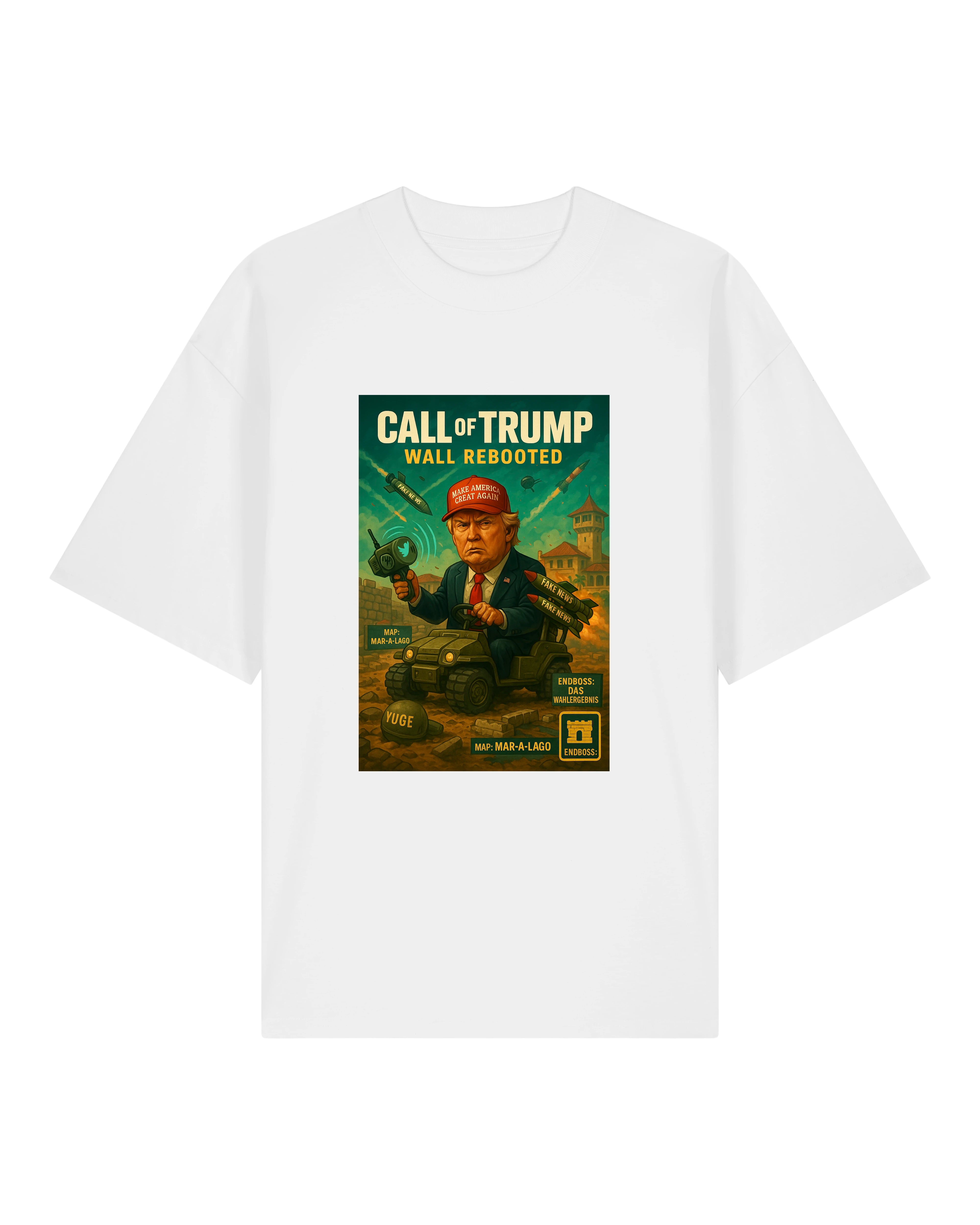 Weißes T-Shirt mit Donald Trump Parodie "Call of Trump – Wall Rebooted" Motiv