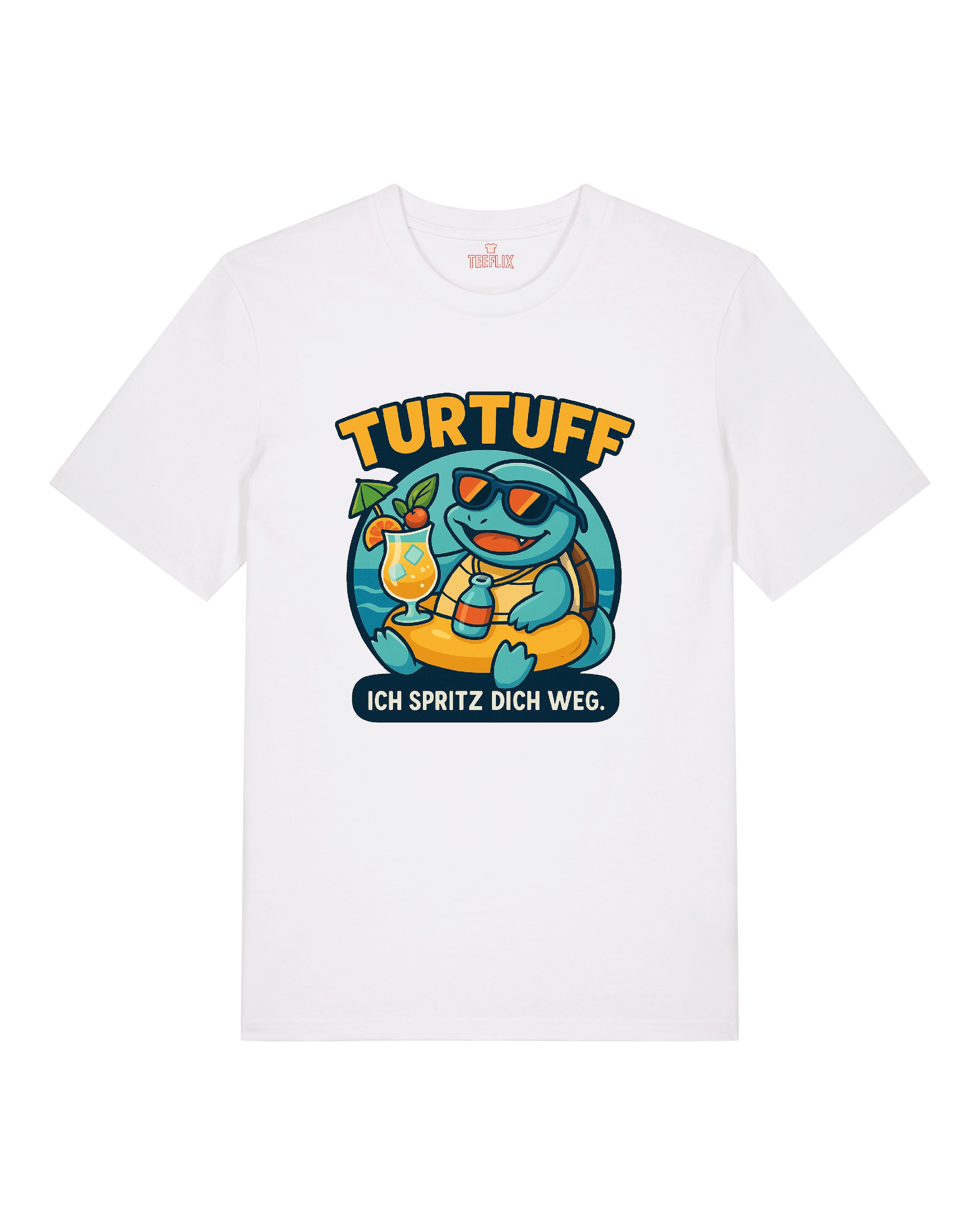 T-Shirt weiß mit TURTUFF Motiv – Schildkröte mit Spritzglas
