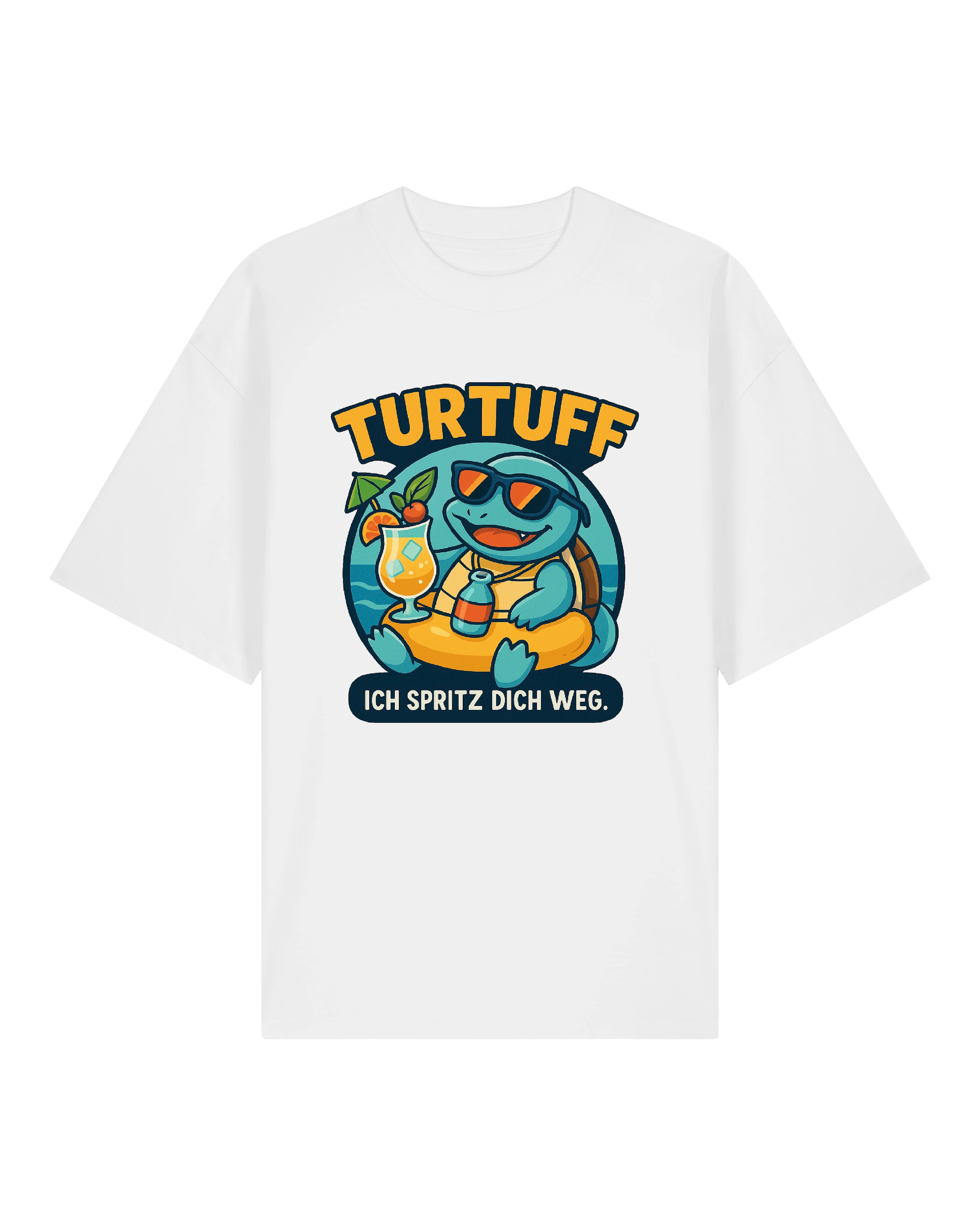 T-Shirt weiß mit TURTUFF Motiv – Schildkröte mit Spritzglas