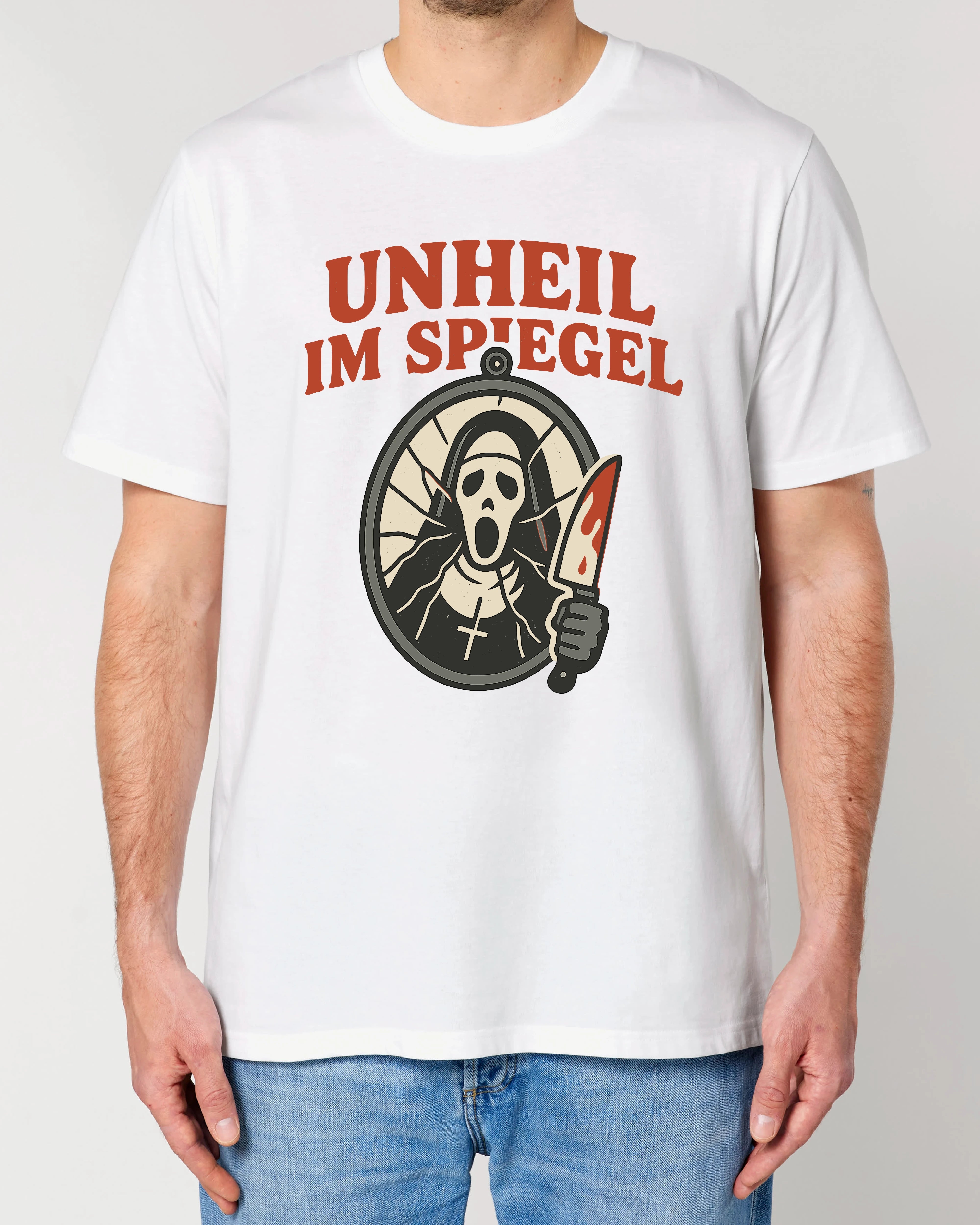 Unisex T-Shirt mit Horror Grafik und Spiegel-Motiv, Halloween Shirt für Männer – Teeflix
