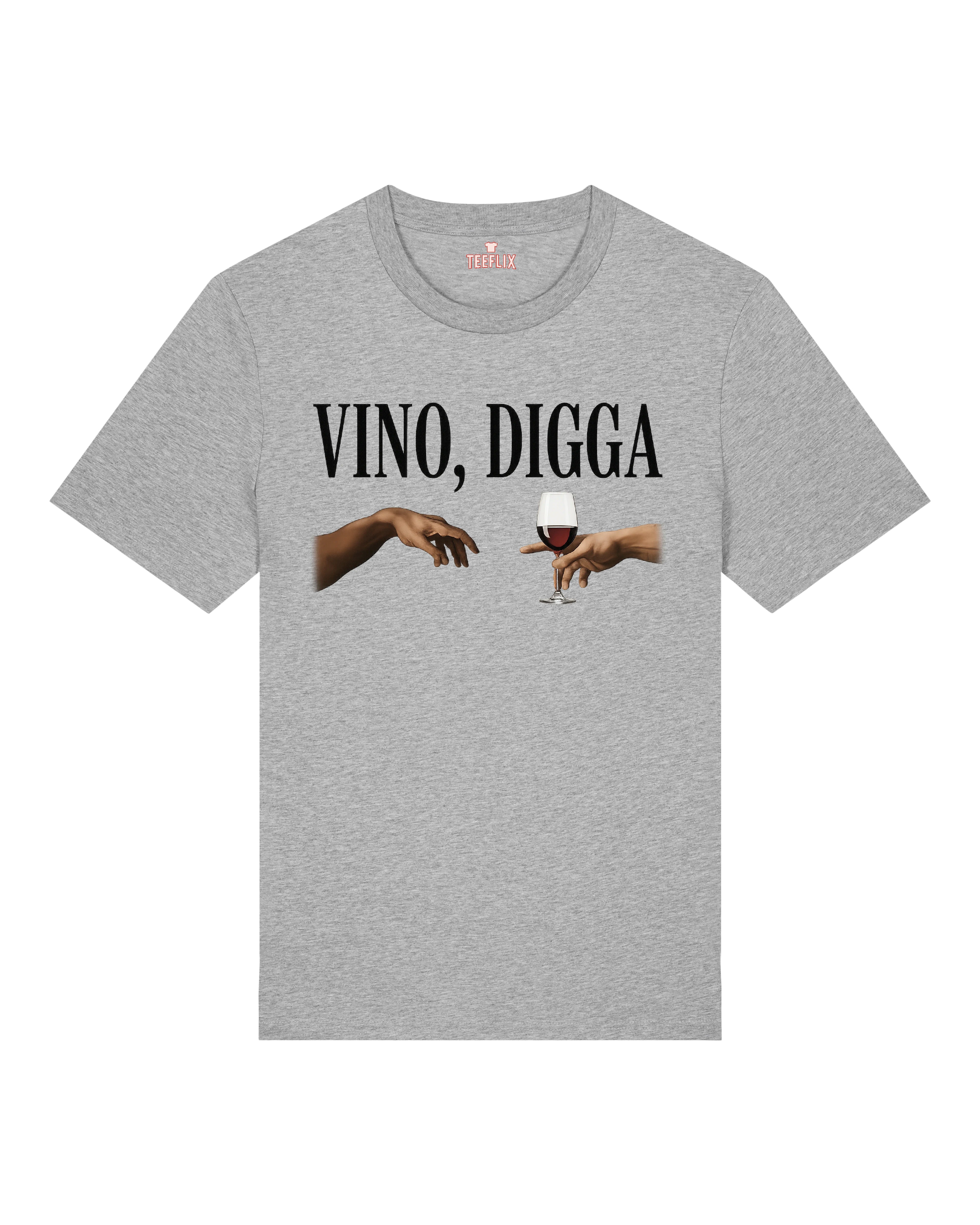 Graues Shirt mit dem Text „Vino, Digga“ und illustrierten Händen mit Weinglas – stilvoller Party-Humor.