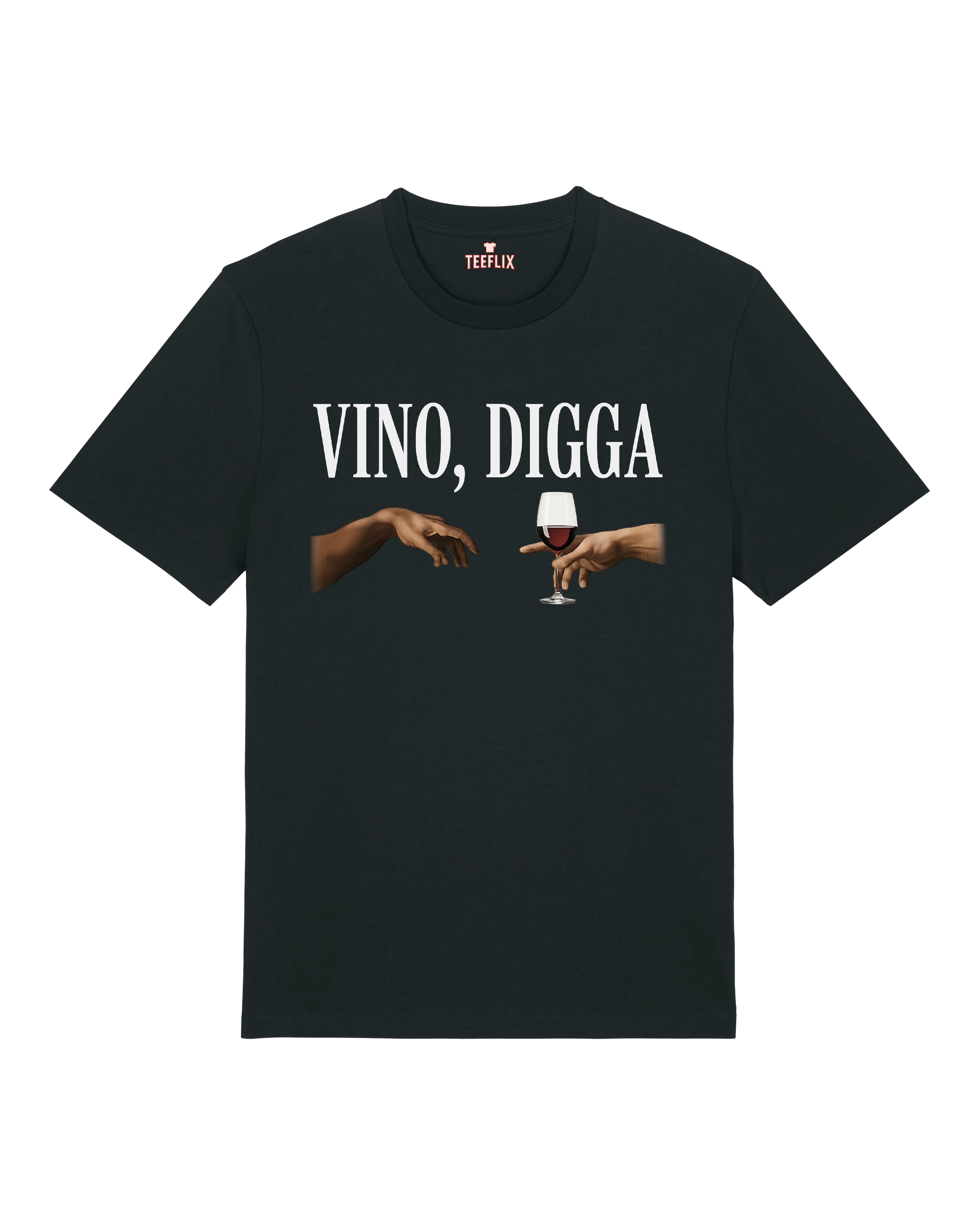 Schwarzes T-Shirt mit Aufschrift „Vino, Digga“ und zwei Händen, die ein Weinglas reichen – urbanes Kunst-Funshirt.
