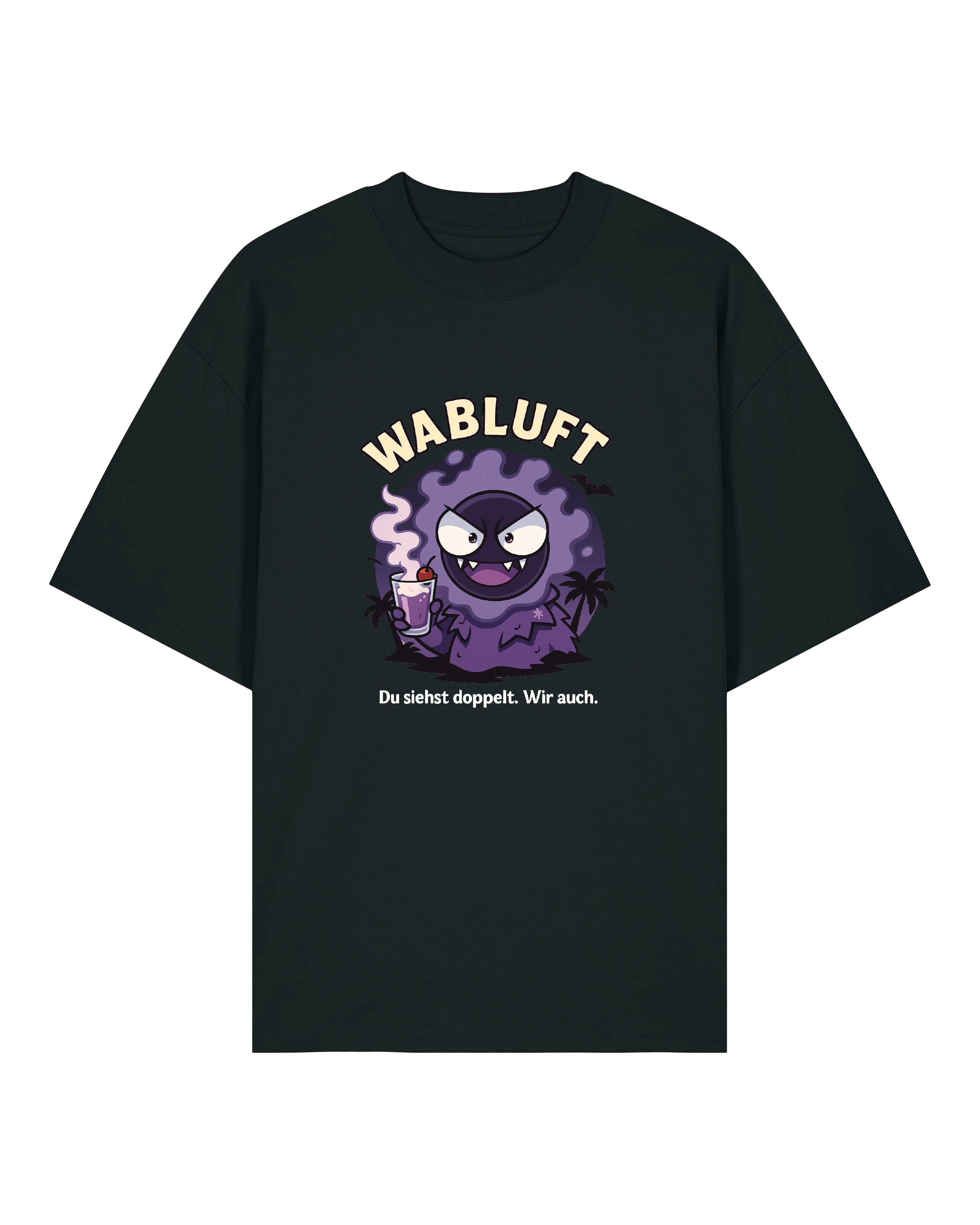 Schwarzes T-Shirt mit Wabluft-Nebelgeist und lustigem Spruch
