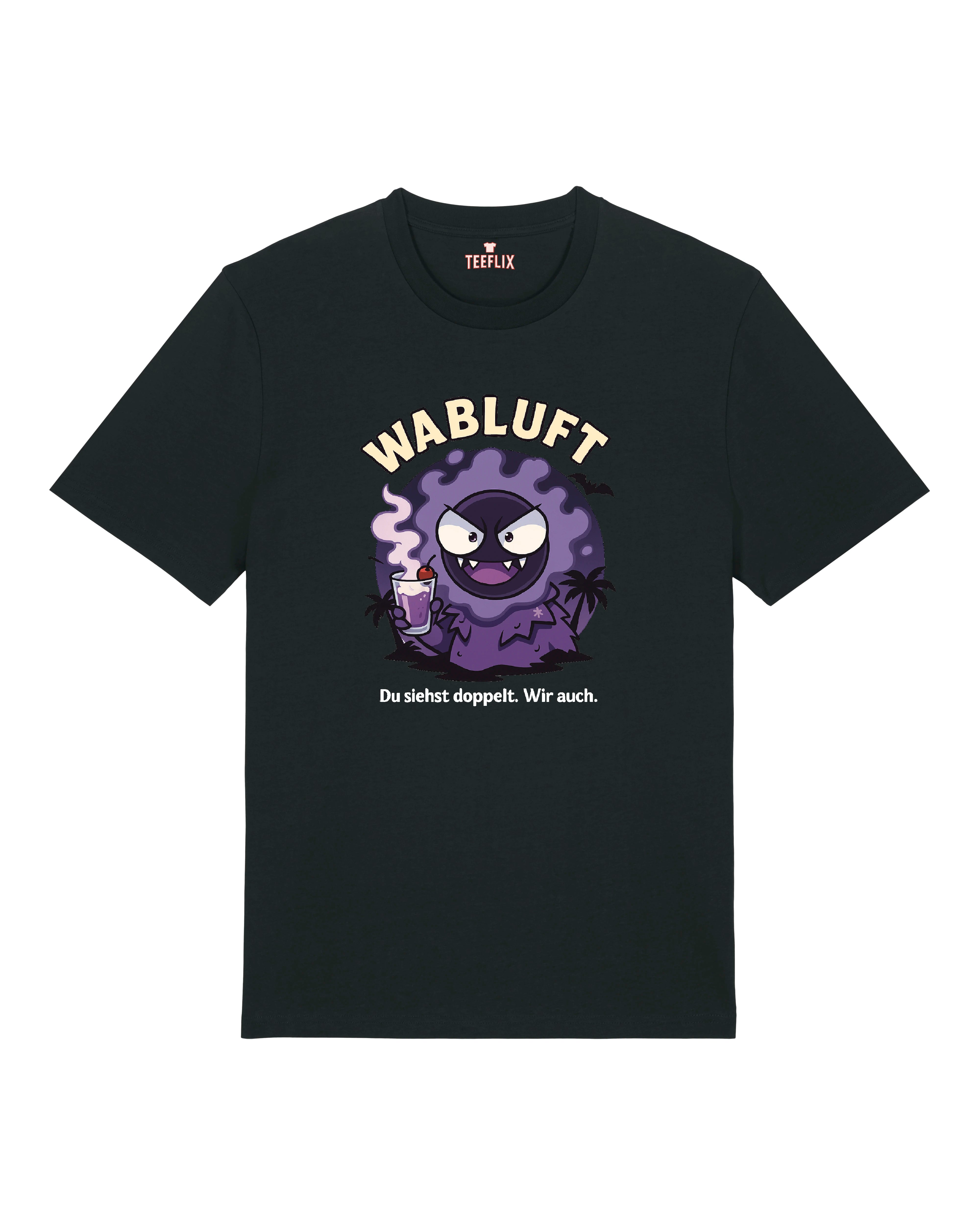 Schwarzes T-Shirt mit Wabluft-Nebelgeist und lustigem Spruch