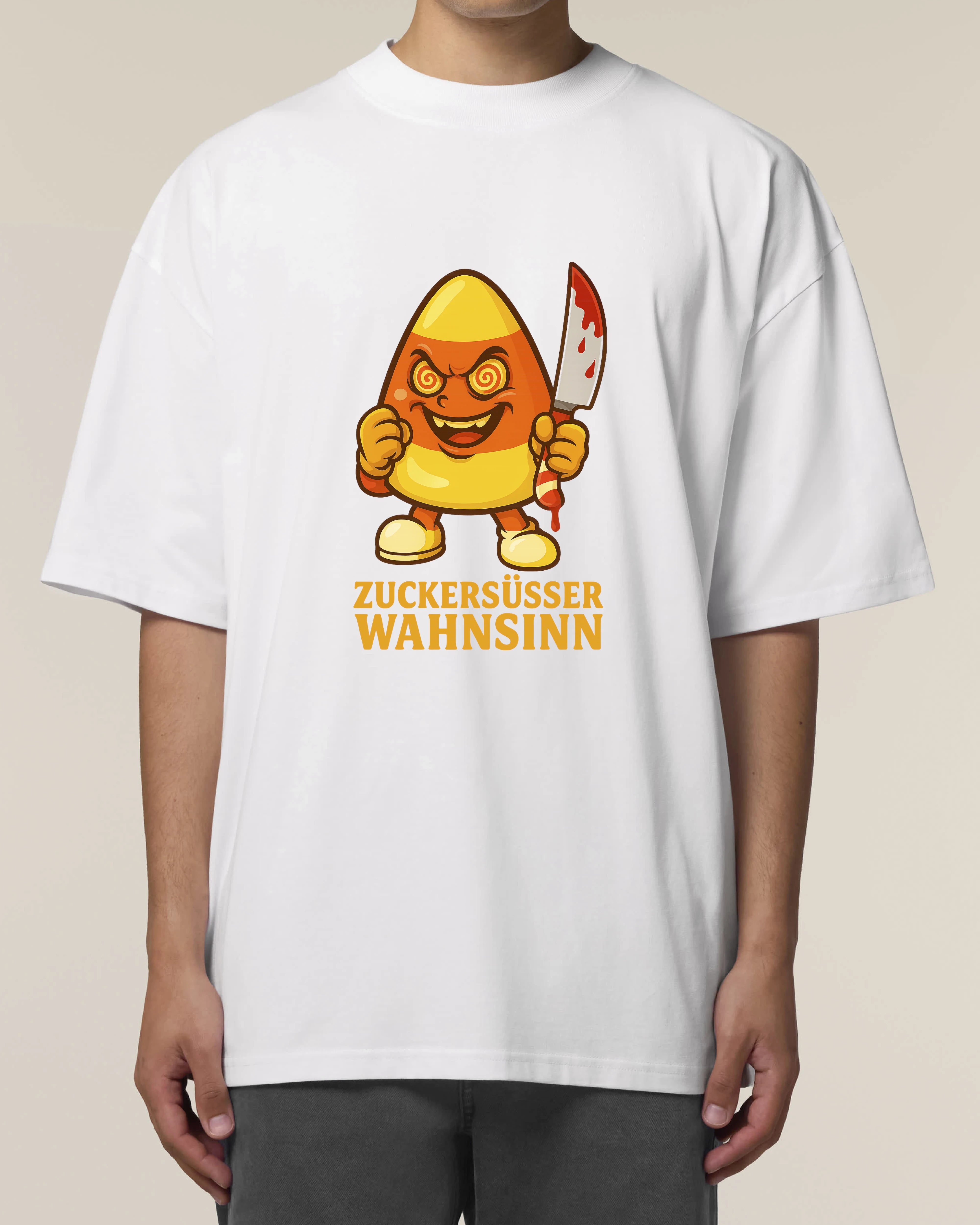 Oversized weißes T-Shirt mit blutigem Candy Killer Print – Zuckersüßer Wahnsinn von Teeflix