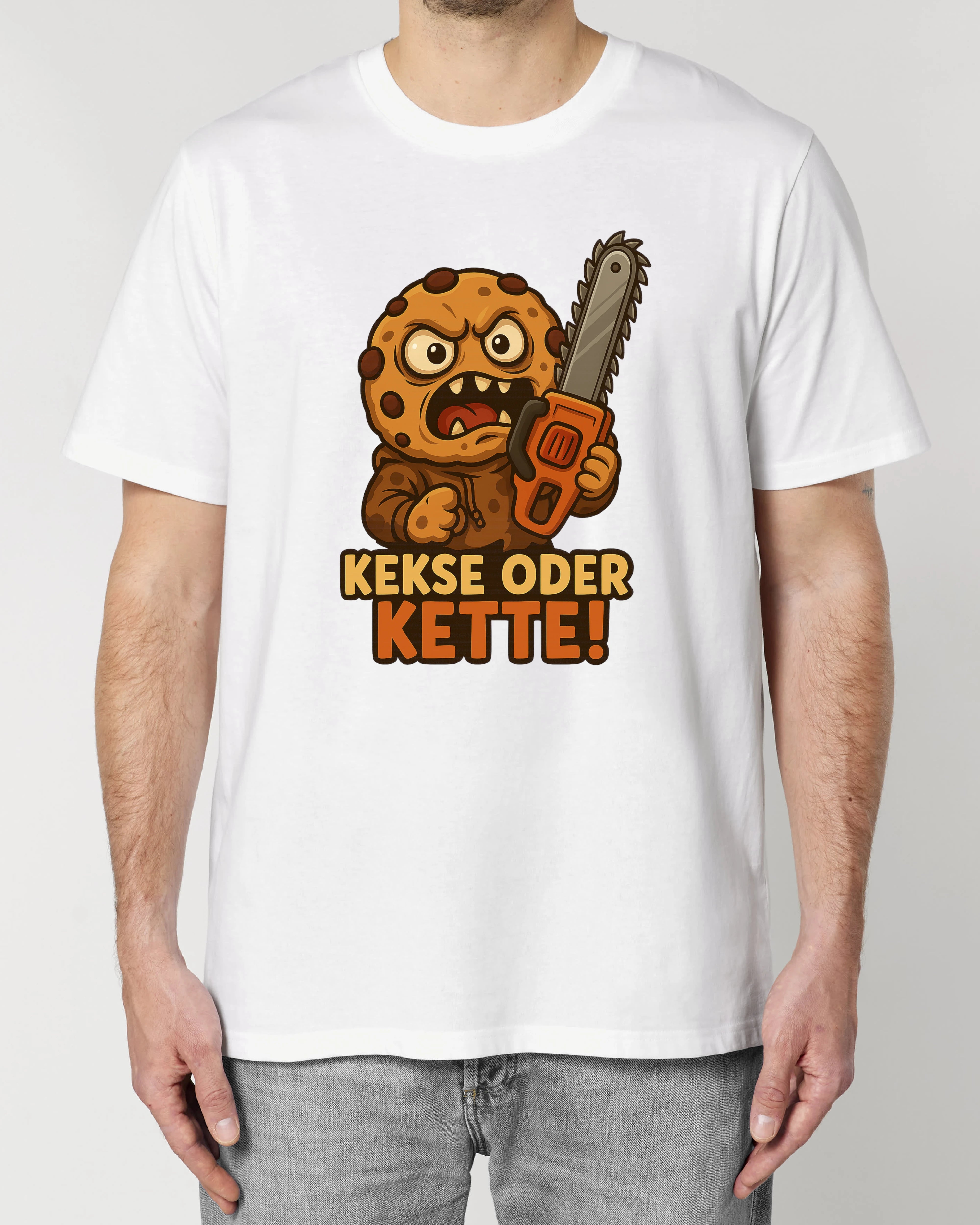 Weißes lustiges T-Shirt mit Cookie Monster Kettensäge Design – Premium Unisex Shirt von Teeflix