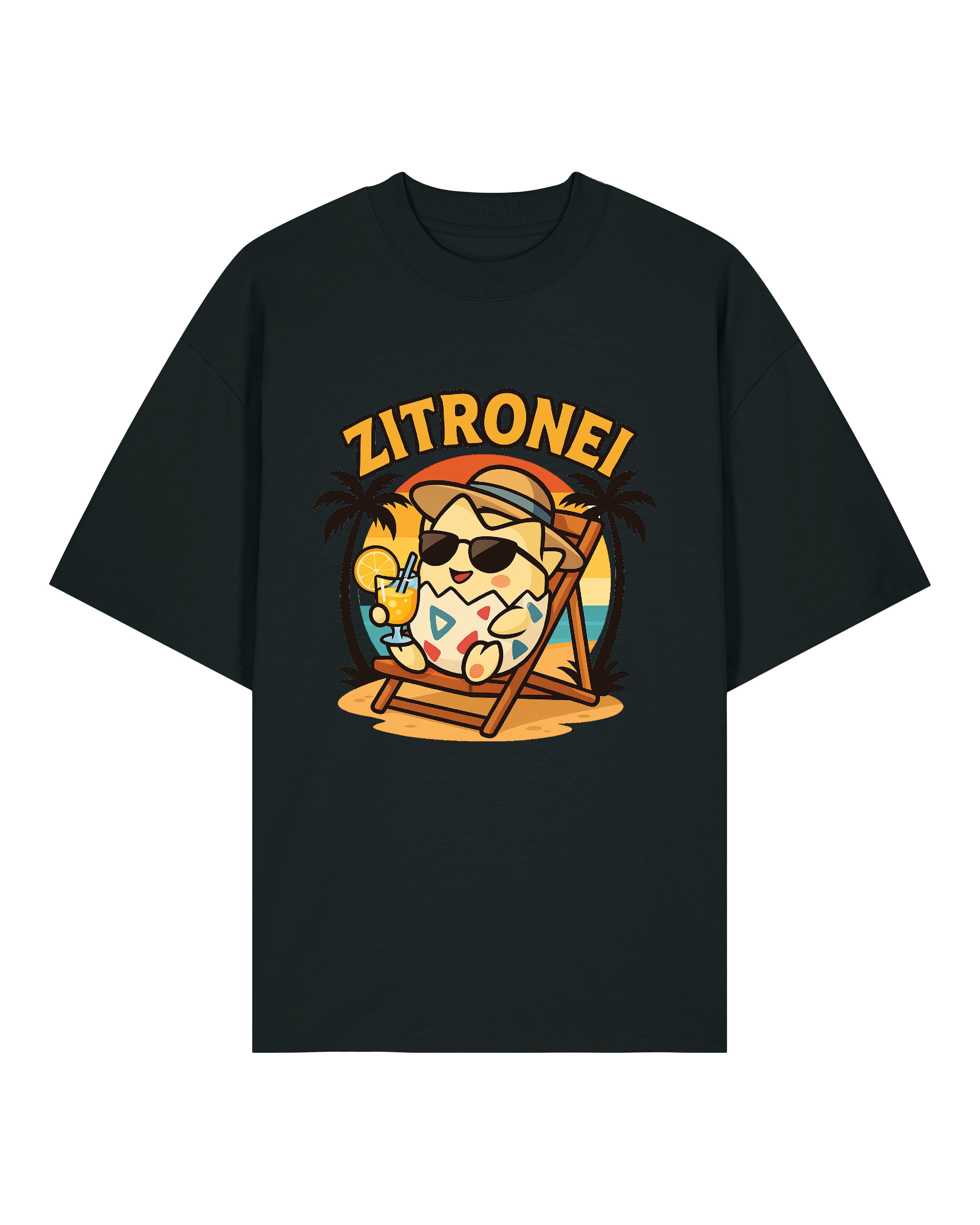 Zitronei T-Shirt in Schwarz – stylisches Cartoon-Ei beim Relaxen am Strand, perfekt für chillige Outfits.