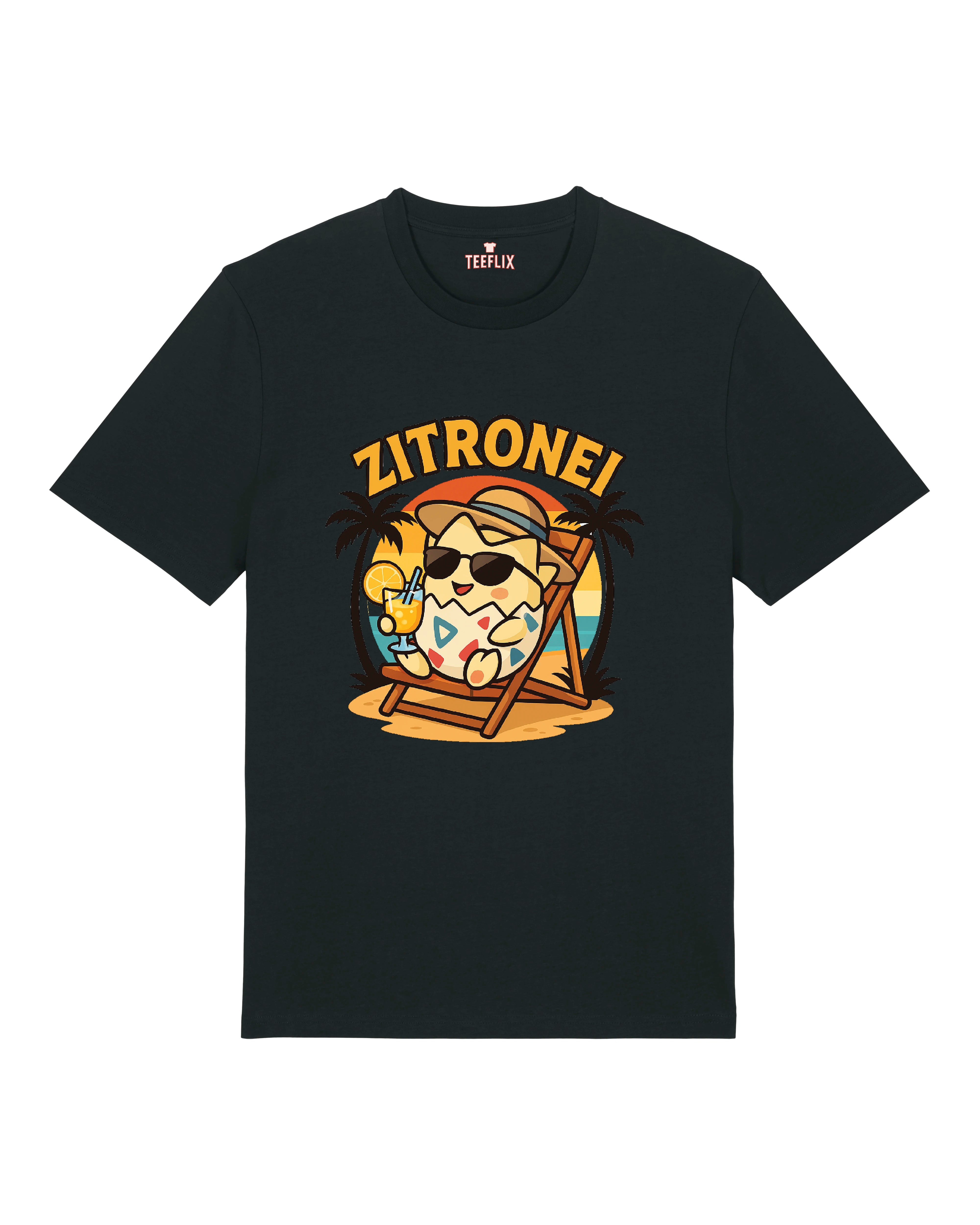 Zitronei T-Shirt in Schwarz – stylisches Cartoon-Ei beim Relaxen am Strand, perfekt für chillige Outfits.