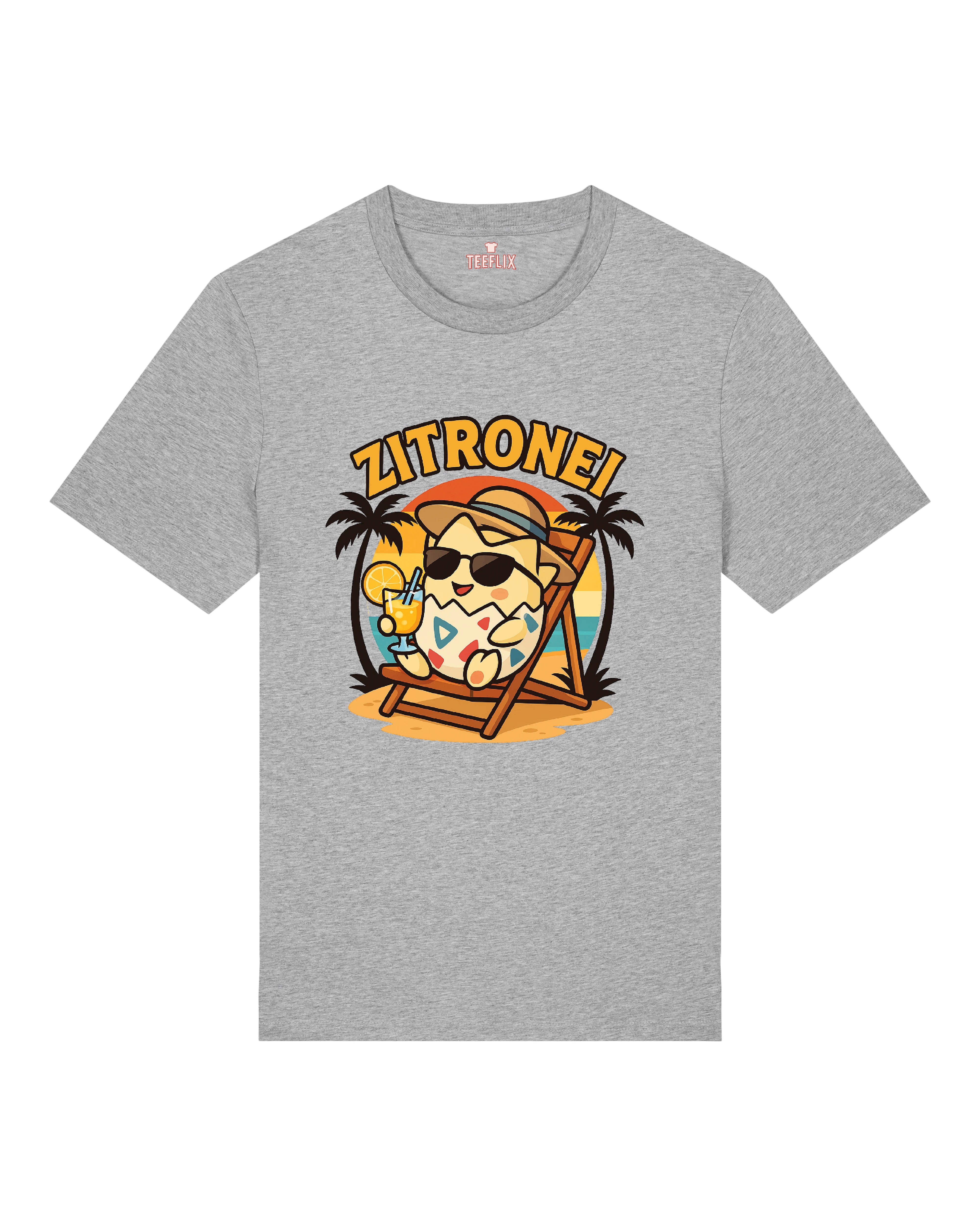 Zitronei T-Shirt in Grau – cooles Sommer-Ei-Design mit Sonnenbrille, Drink und Palmen-Vibes.