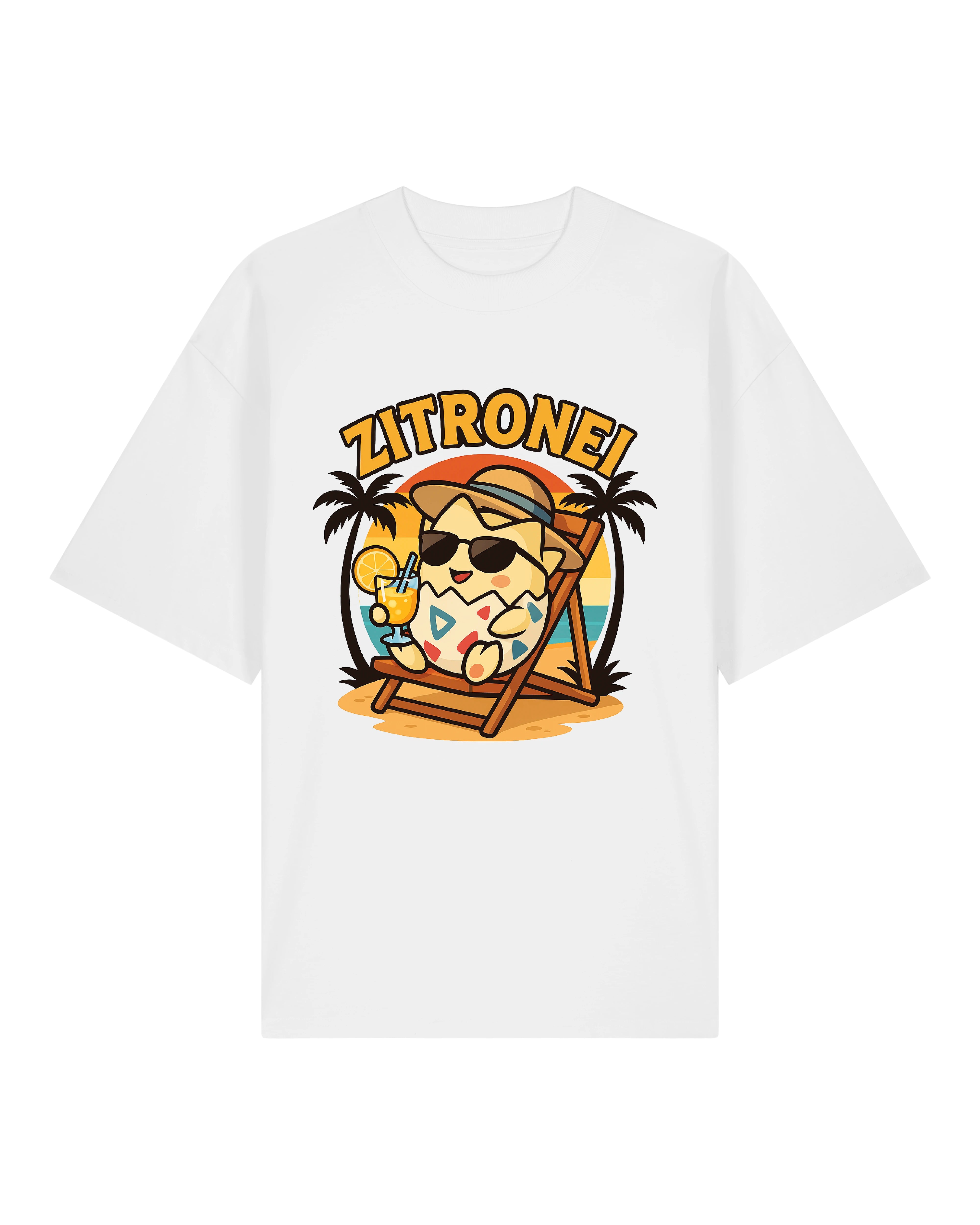 Zitronei T-Shirt in Weiß – chilliges Cartoon-Ei im Liegestuhl mit Sonnenuntergang und Cocktail.
