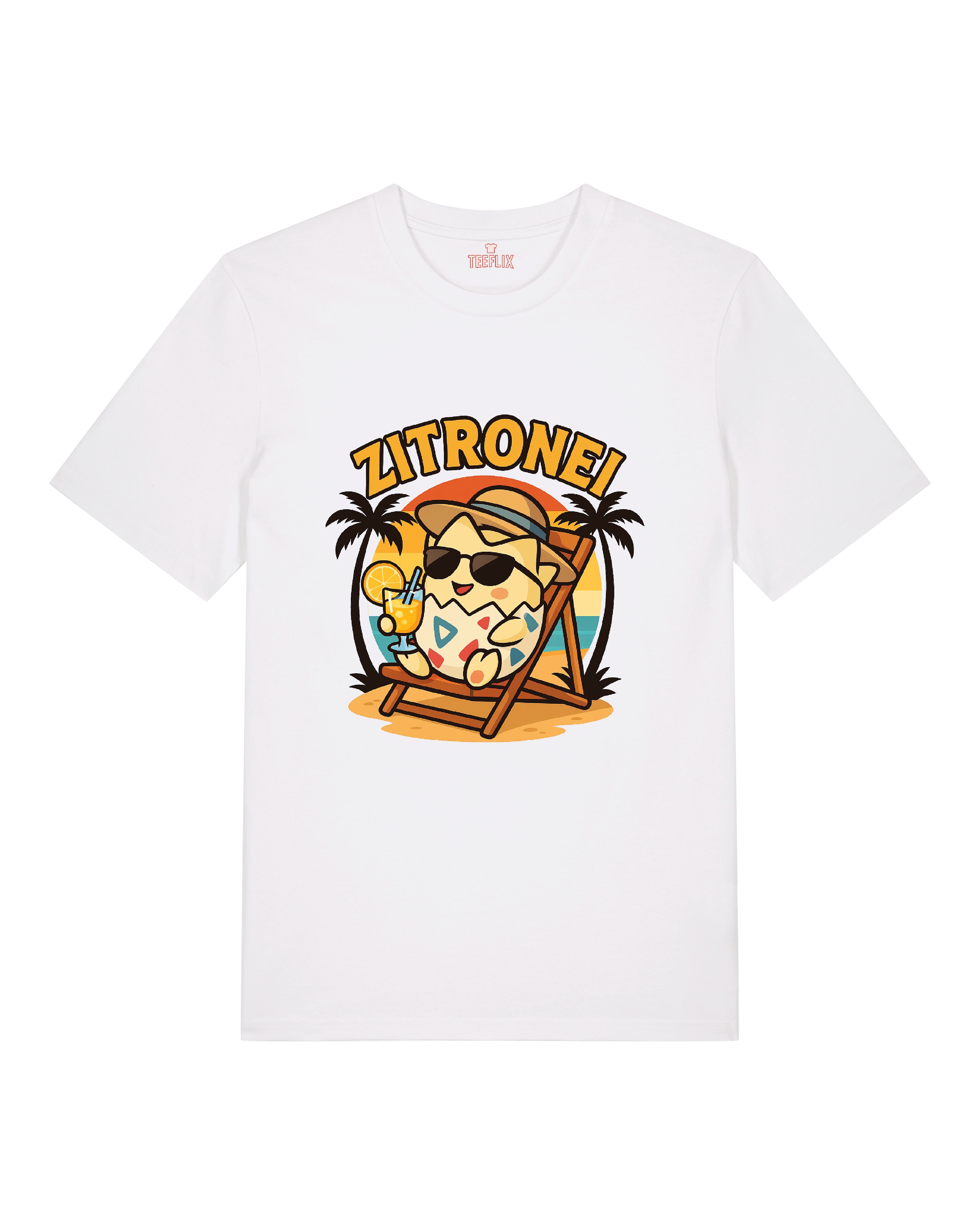 Zitronei T-Shirt in Weiß – chilliges Cartoon-Ei im Liegestuhl mit Sonnenuntergang und Cocktail.