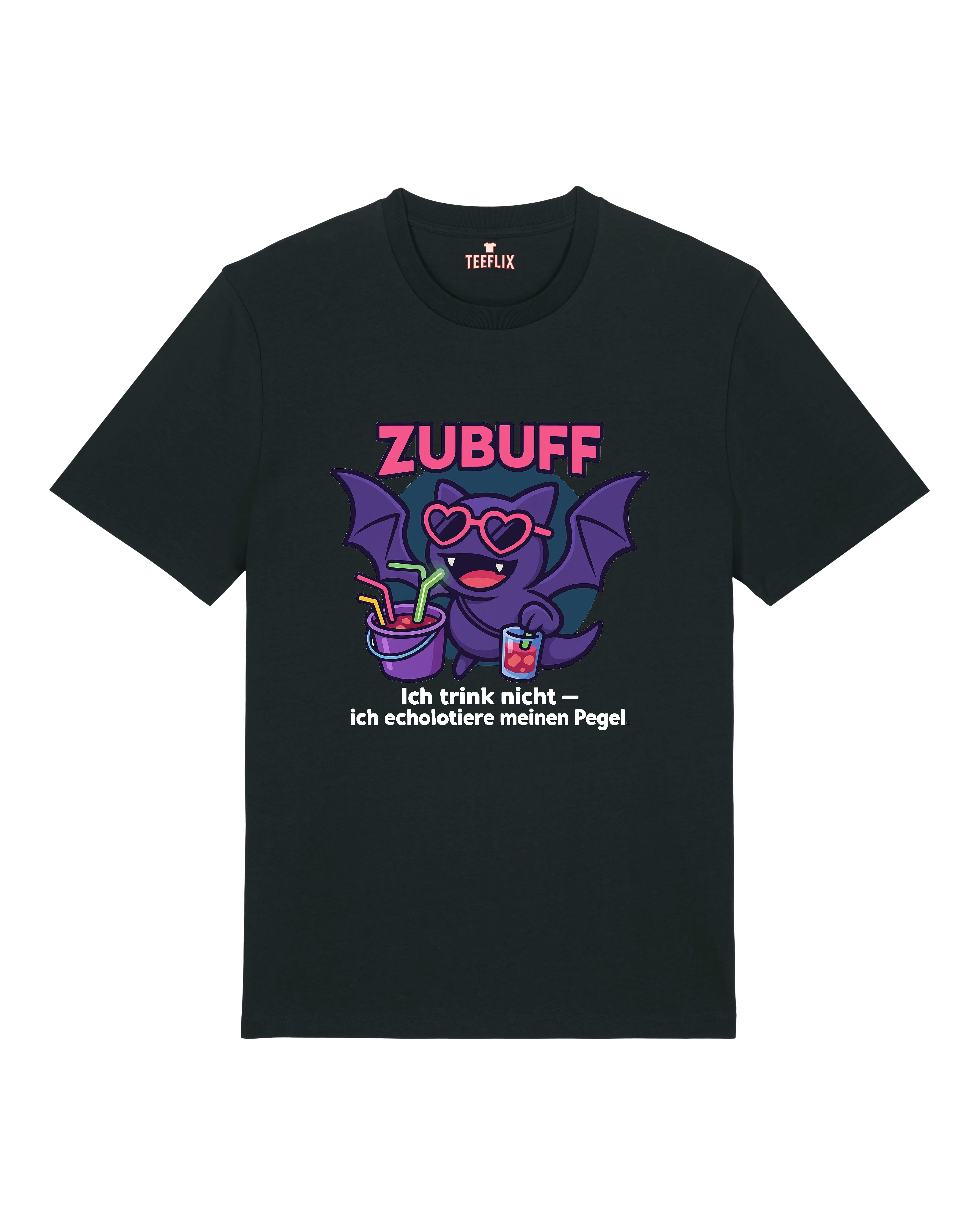 Schwarzes Zubuff T-Shirt mit Fledermaus, Sonnenbrille und Drinks