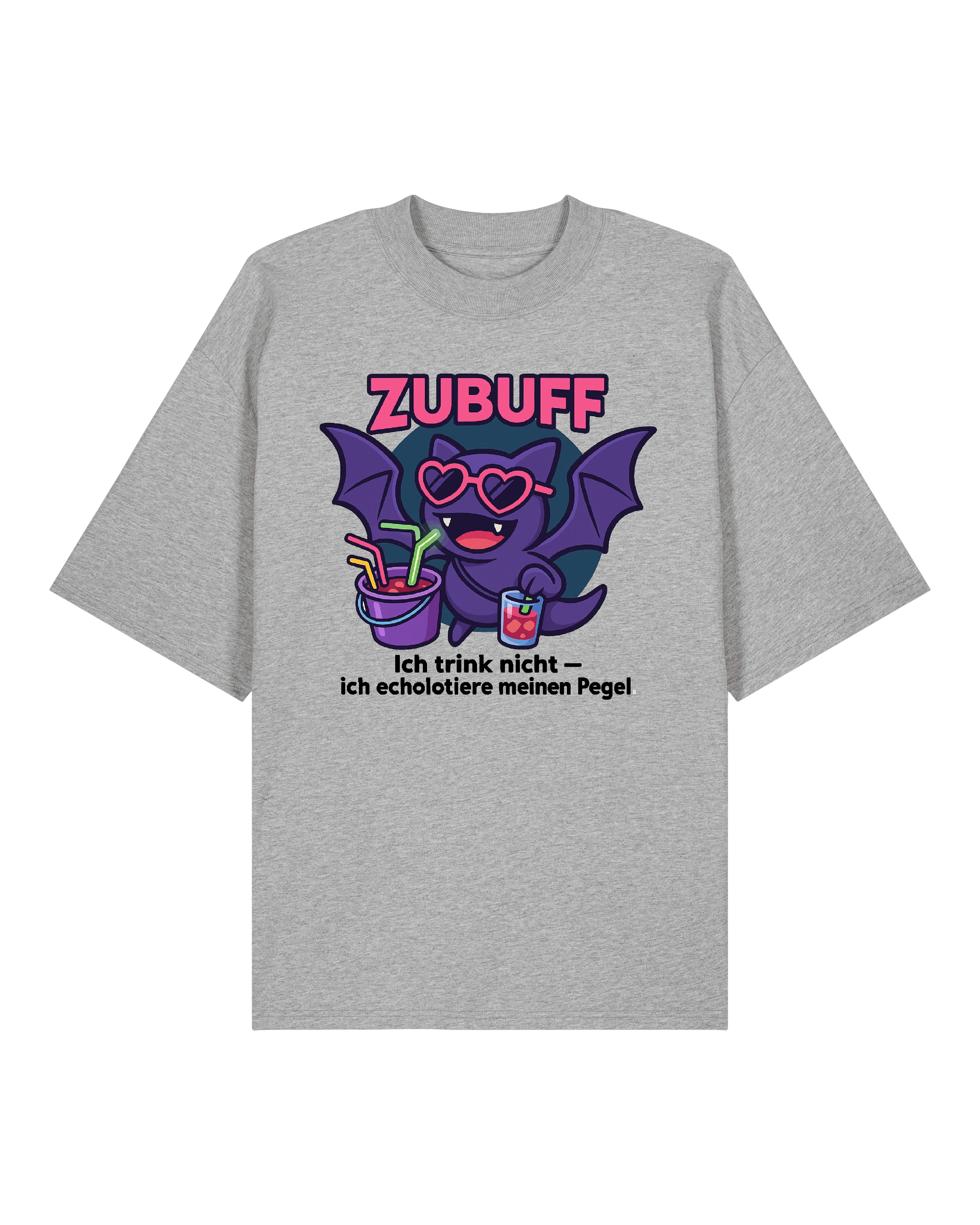 Graues Partyshirt mit Zubuff Fledermaus und humorvollem Text