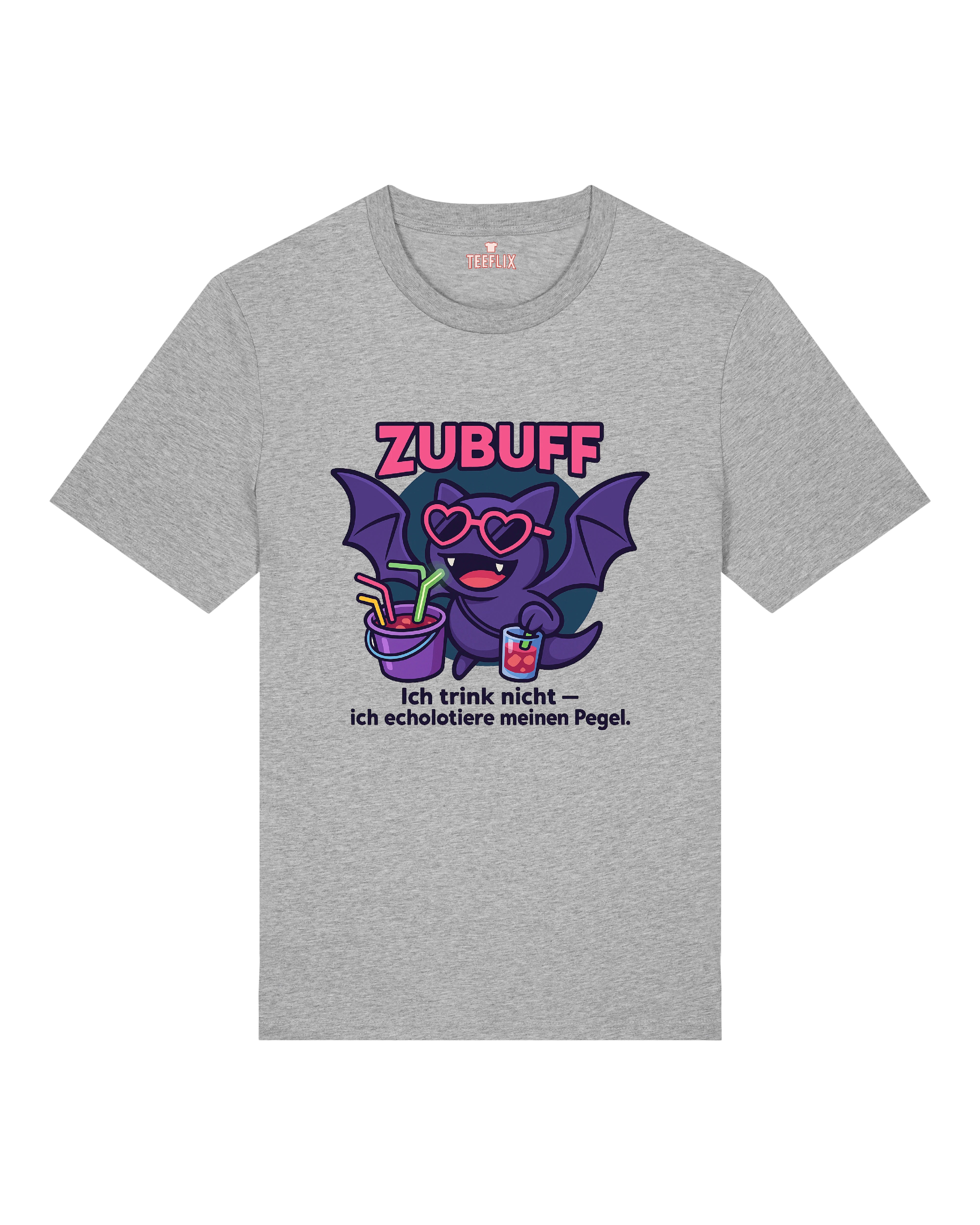 Graues Partyshirt mit Zubuff Fledermaus und humorvollem Text